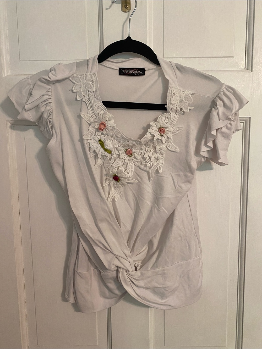 WEN White Twist-Front Top with Floral Lace & Pink Rose Accents